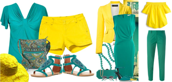 сочетание зеленого и ржелтого в одежде