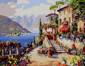 Цветочный дворик с лестницей. Картины по номерам. Фото