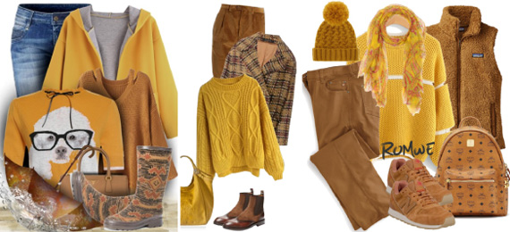 Желтые вещи в гардеробе в сочетании с коричневым