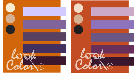сочетание оранжево-коричневого и темно-оранжевого с фиолетовым