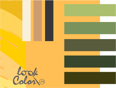 сочетание золотисто-желтого и оранжево-желтого с теплым зеленым